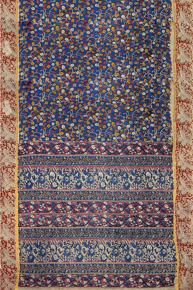 Mangalgiri silk cotton saree in  blue  in kalamkari print