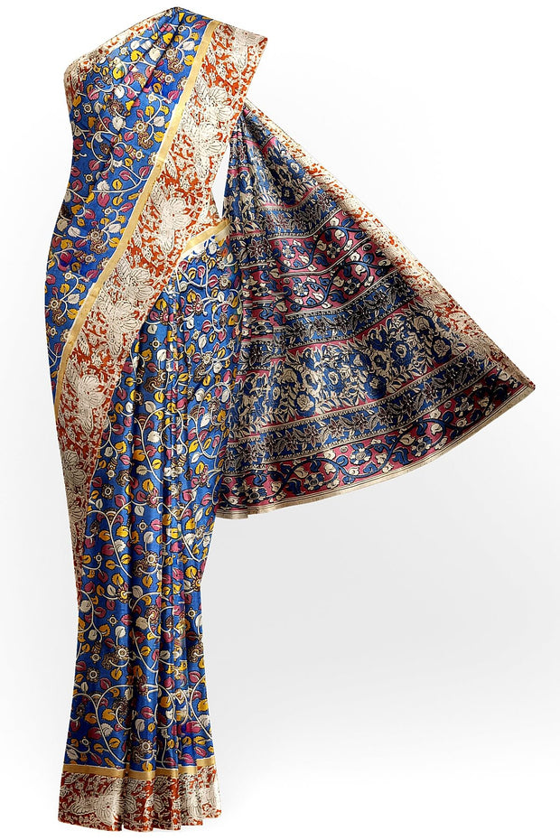Mangalgiri silk cotton saree in  blue  in kalamkari print