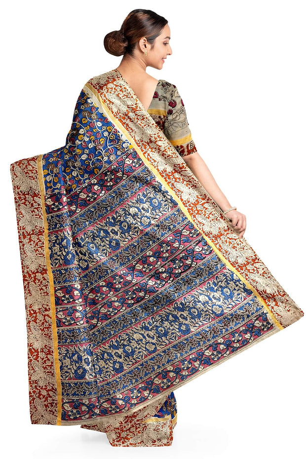 Mangalgiri silk cotton saree in  blue  in kalamkari print