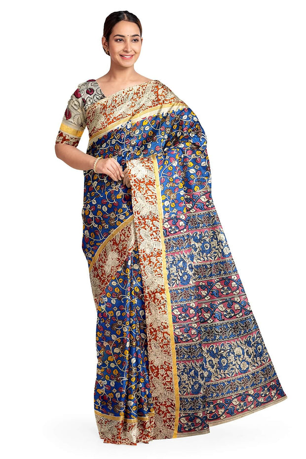 Mangalgiri silk cotton saree in  blue  in kalamkari print