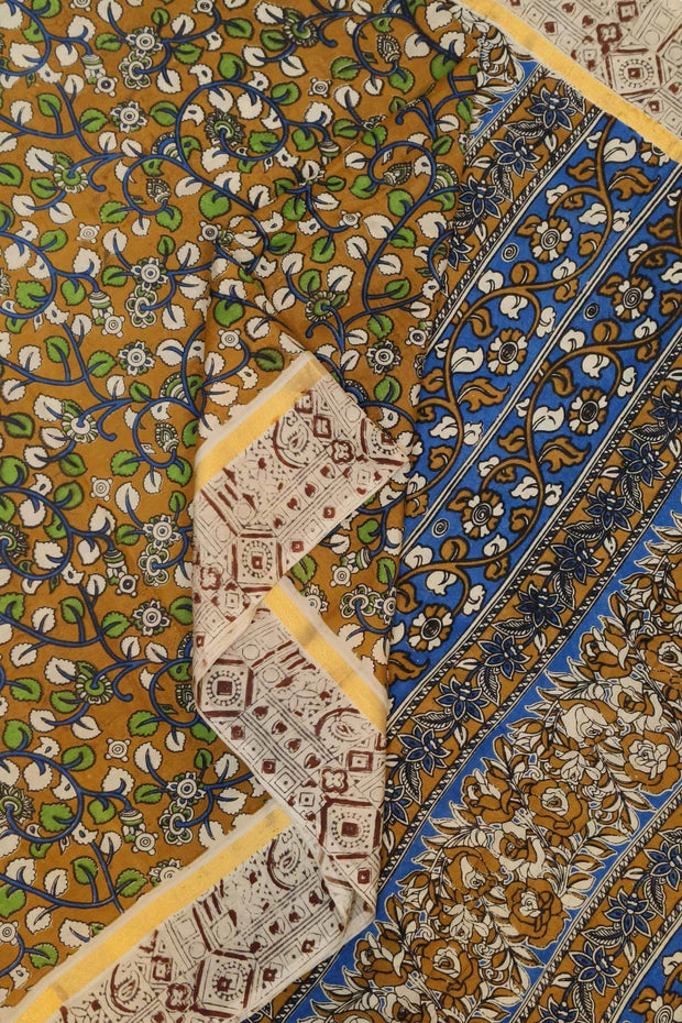 Mangalgiri silk cotton saree in mehndi green  in kalamkari print