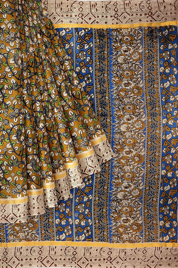 Mangalgiri silk cotton saree in mehndi green  in kalamkari print