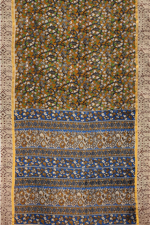 Mangalgiri silk cotton saree in mehndi green  in kalamkari print