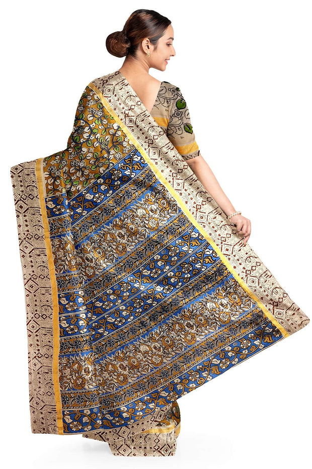 Mangalgiri silk cotton saree in mehndi green  in kalamkari print