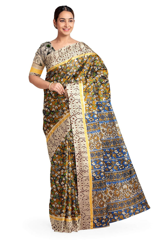 Mangalgiri silk cotton saree in mehndi green  in kalamkari print