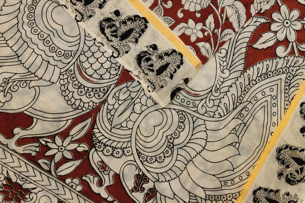 Mangalgiri silk cotton saree in maroon  in kalamkari print