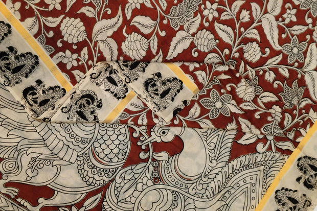 Mangalgiri silk cotton saree in maroon  in kalamkari print