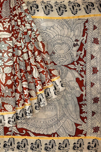 Mangalgiri silk cotton saree in maroon  in kalamkari print
