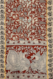 Mangalgiri silk cotton saree in maroon  in kalamkari print
