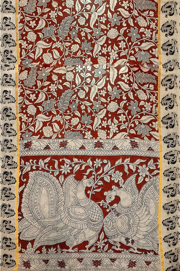 Mangalgiri silk cotton saree in maroon  in kalamkari print