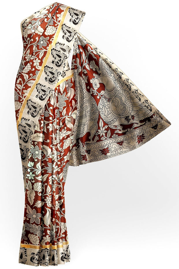 Mangalgiri silk cotton saree in maroon  in kalamkari print