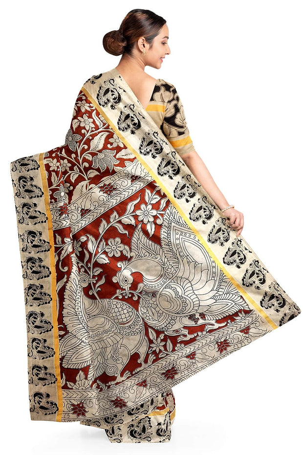Mangalgiri silk cotton saree in maroon  in kalamkari print