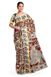 Mangalgiri silk cotton saree in maroon  in kalamkari print