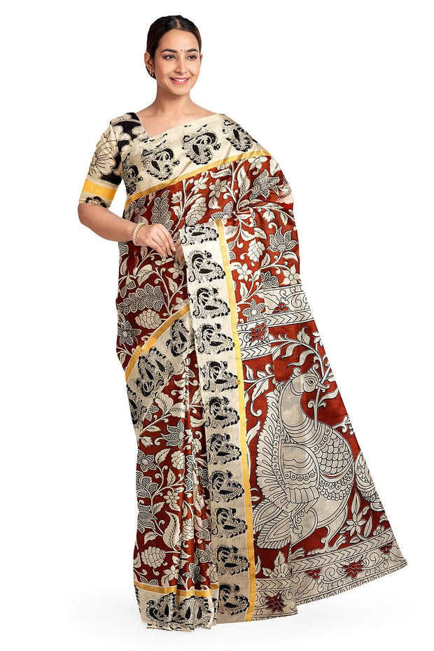 Mangalgiri silk cotton saree in maroon  in kalamkari print