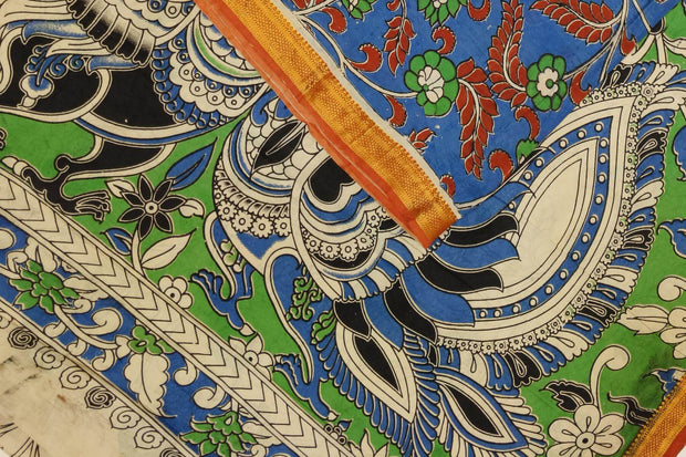 Mangalgiri silk cotton saree in blue in kalamkari print with nizam border