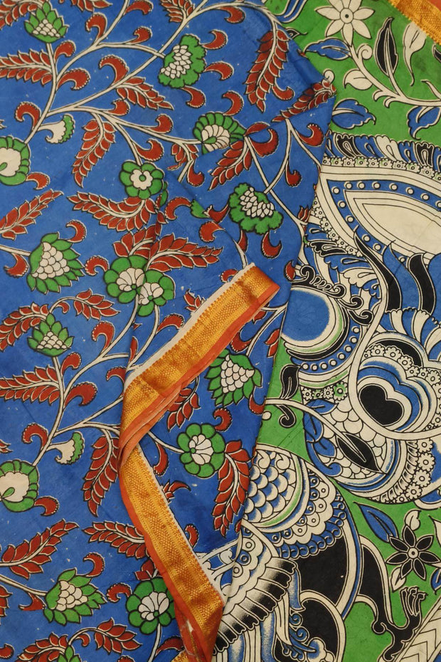 Mangalgiri silk cotton saree in blue in kalamkari print with nizam border