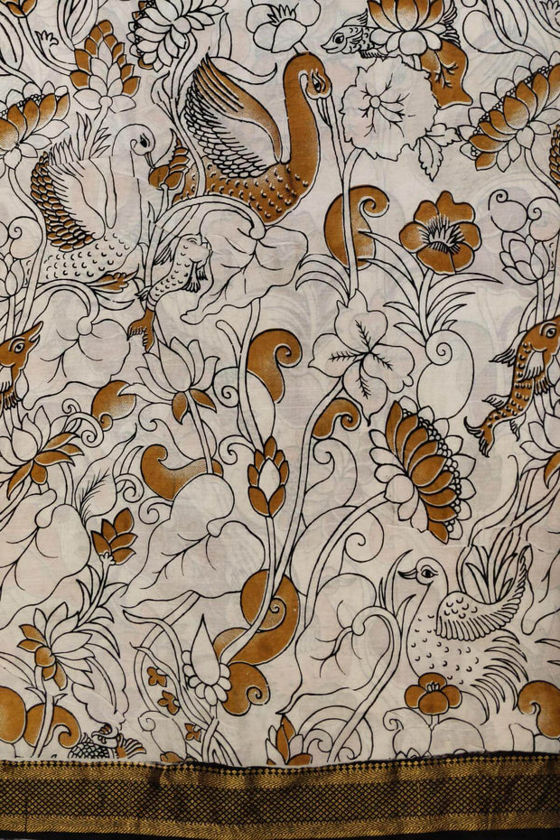 Mangalgiri silk cotton saree in off white in kalamkari print with nizam border