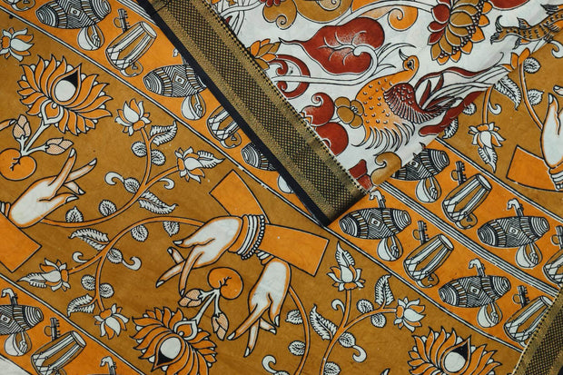 Mangalgiri silk cotton saree in off white in kalamkari print with nizam border
