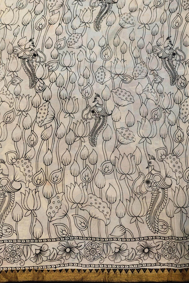 Mangalgiri silk cotton saree in navy blue in kalamkari print with nizam border