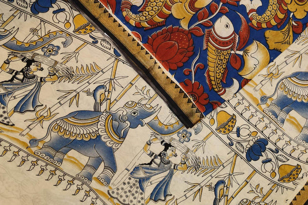 Mangalgiri silk cotton saree in navy blue in kalamkari print with nizam border