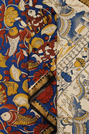 Mangalgiri silk cotton saree in navy blue in kalamkari print with nizam border