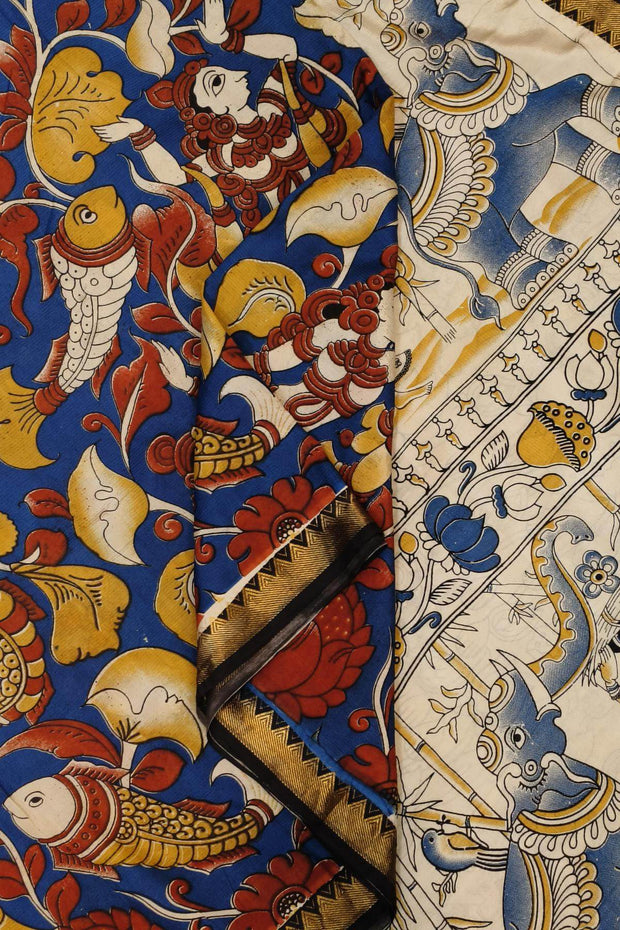 Mangalgiri silk cotton saree in navy blue in kalamkari print with nizam border