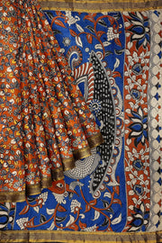 Mangalgiri silk cotton saree in red in kalamkari print with nizam border