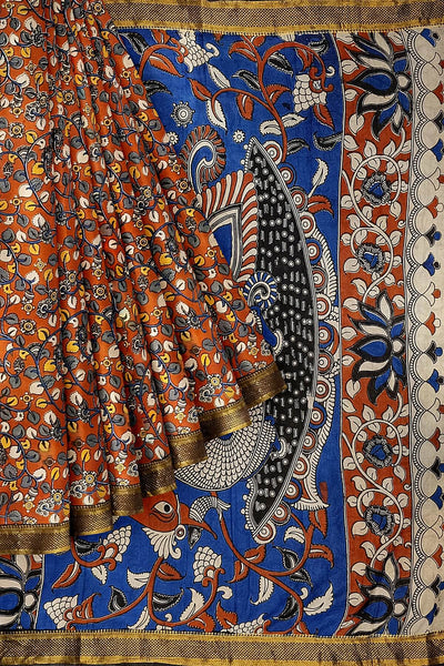 Mangalgiri silk cotton saree in red in kalamkari print with nizam border