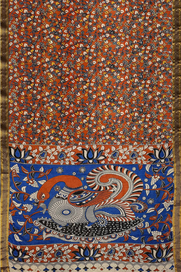 Mangalgiri silk cotton saree in red in kalamkari print with nizam border
