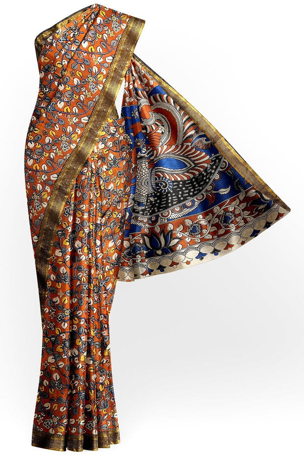Mangalgiri silk cotton saree in red in kalamkari print with nizam border