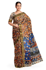 Mangalgiri silk cotton saree in red in kalamkari print with nizam border