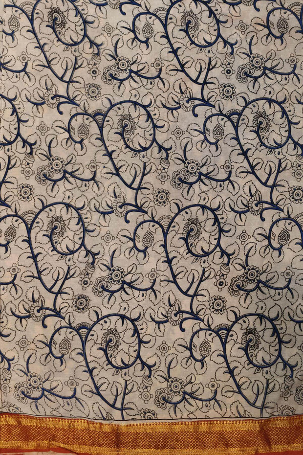 Mangalgiri silk cotton saree in brown in kalamkari print with nizam border