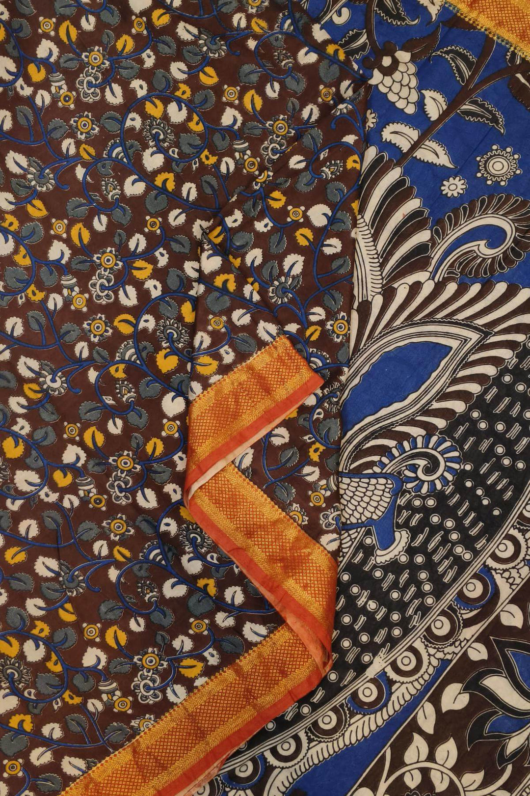 Mangalgiri silk cotton saree in brown in kalamkari print