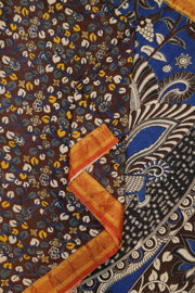 Mangalgiri silk cotton saree in brown in kalamkari print with nizam border
