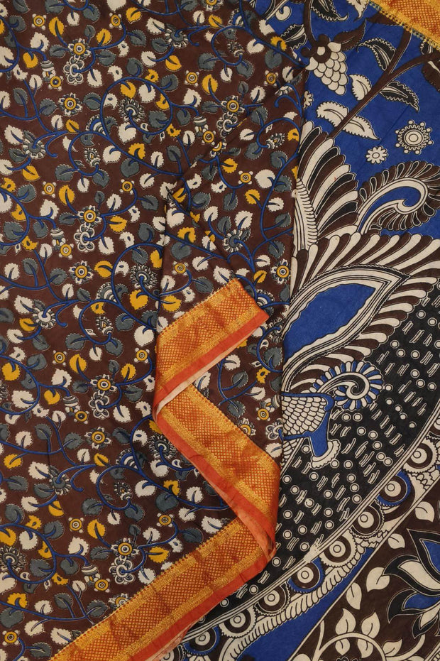 Mangalgiri silk cotton saree in brown in kalamkari print with nizam border