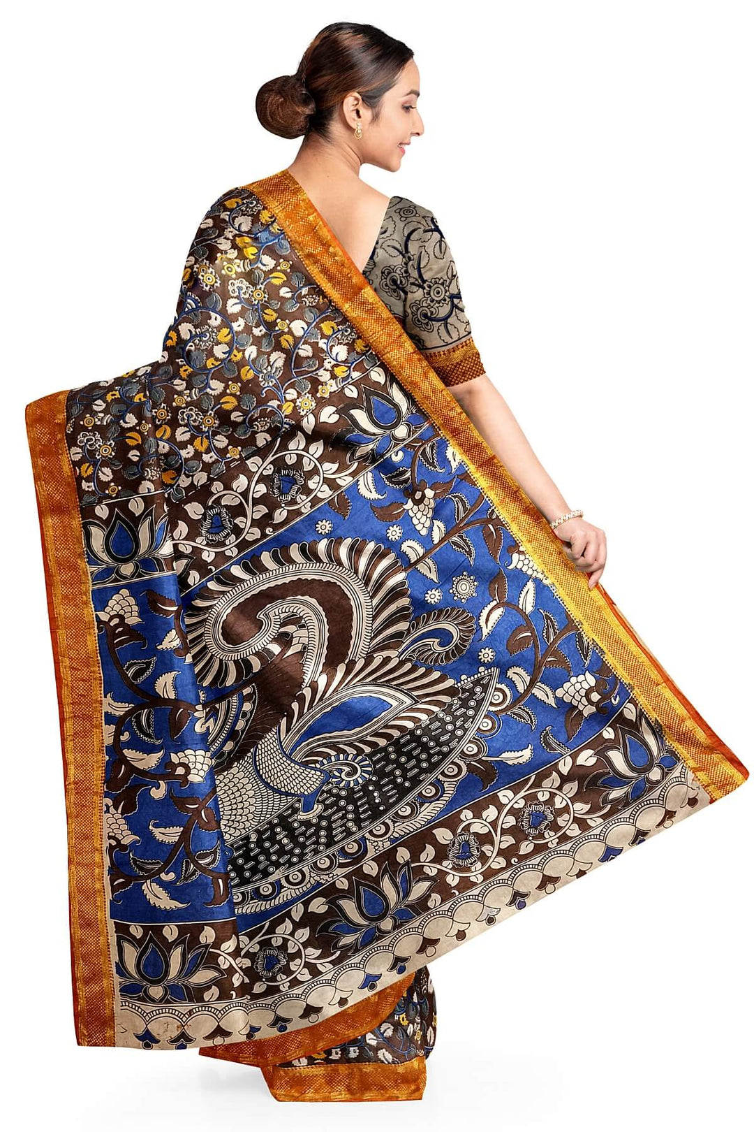 Mangalgiri silk cotton saree in brown in kalamkari print