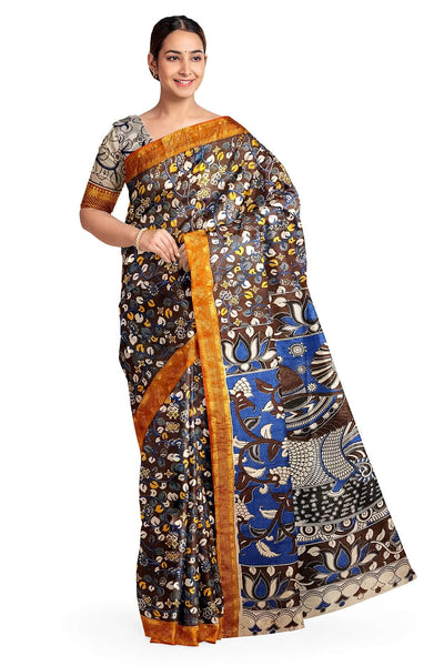 Mangalgiri silk cotton saree in brown in kalamkari print
