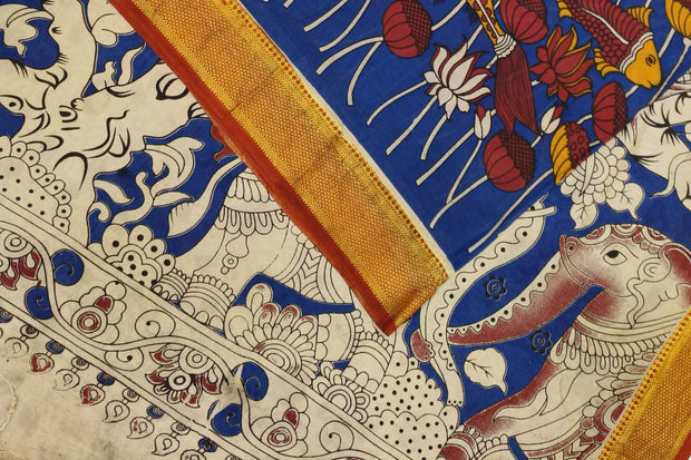Mangalgiri silk cotton saree in navy blue in kalamkari print with nizam border