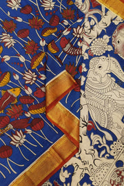 Mangalgiri silk cotton saree in navy blue in kalamkari print with nizam border