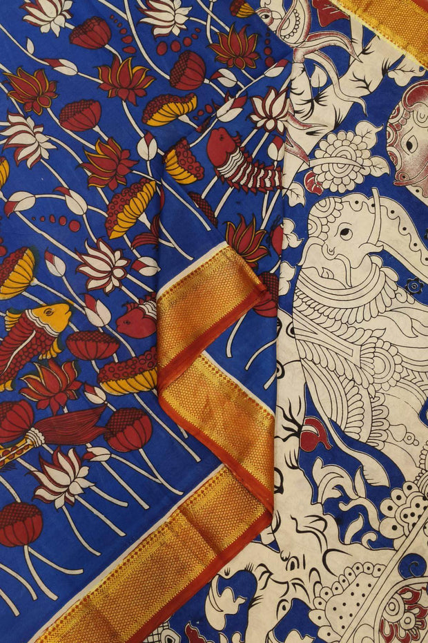 Mangalgiri silk cotton saree in navy blue in kalamkari print with nizam border