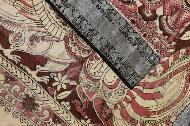 Mangalgiri silk cotton saree in beige & pink in kalamkari print