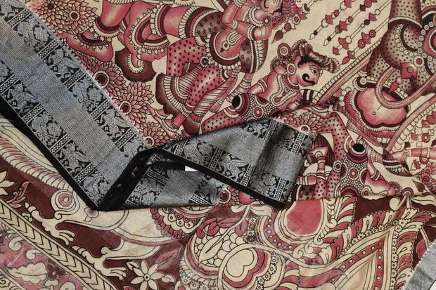 Mangalgiri silk cotton saree in beige & pink in kalamkari print