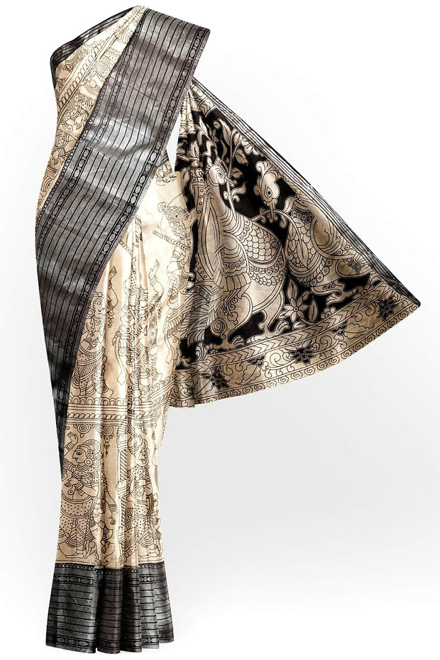 Mangalgiri silk cotton saree in  beige  in kalamkari print