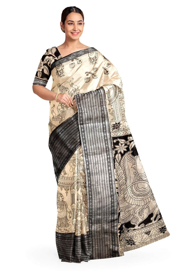Mangalgiri silk cotton saree in  beige  in kalamkari print