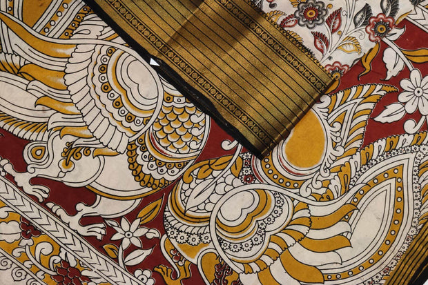 Mangalgiri silk cotton saree in off white  in kalamkari print