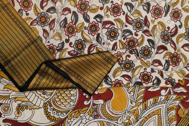 Mangalgiri silk cotton saree in off white  in kalamkari print