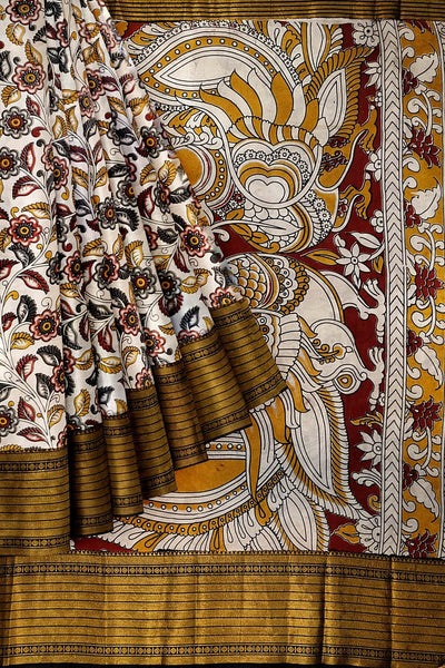 Mangalgiri silk cotton saree in off white  in kalamkari print