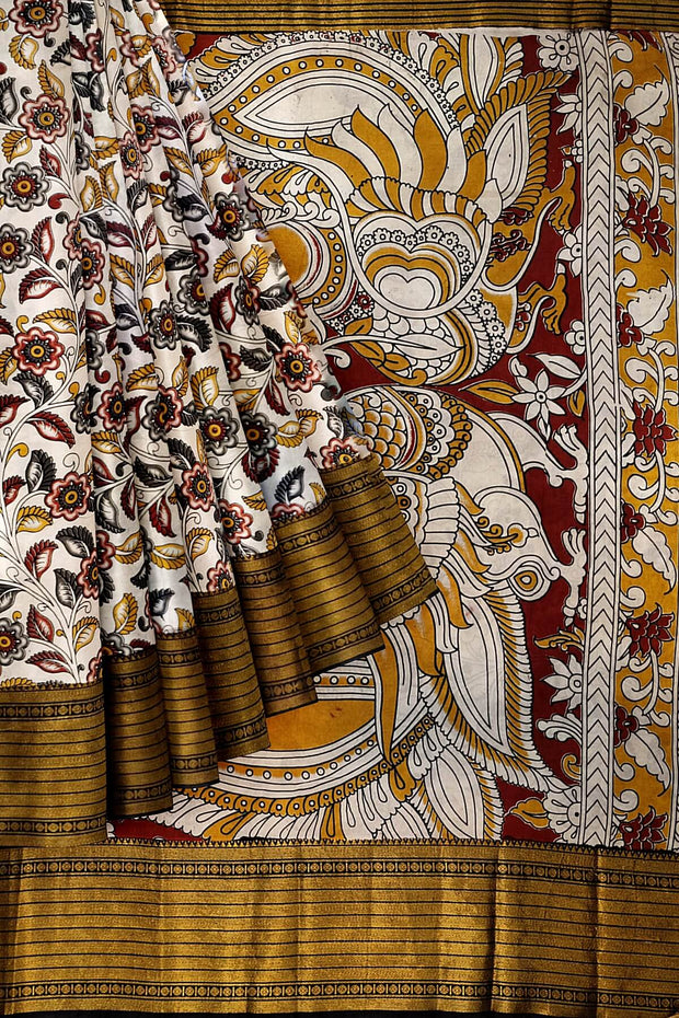 Mangalgiri silk cotton saree in off white  in kalamkari print