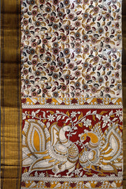 Mangalgiri silk cotton saree in off white  in kalamkari print