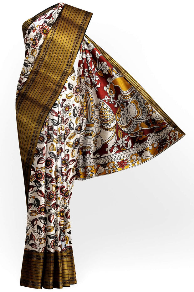 Mangalgiri silk cotton saree in off white  in kalamkari print